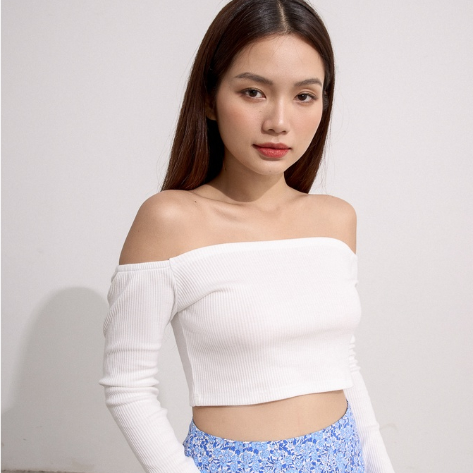 Áo croptop Maybi ôm thun trễ vai tay dài