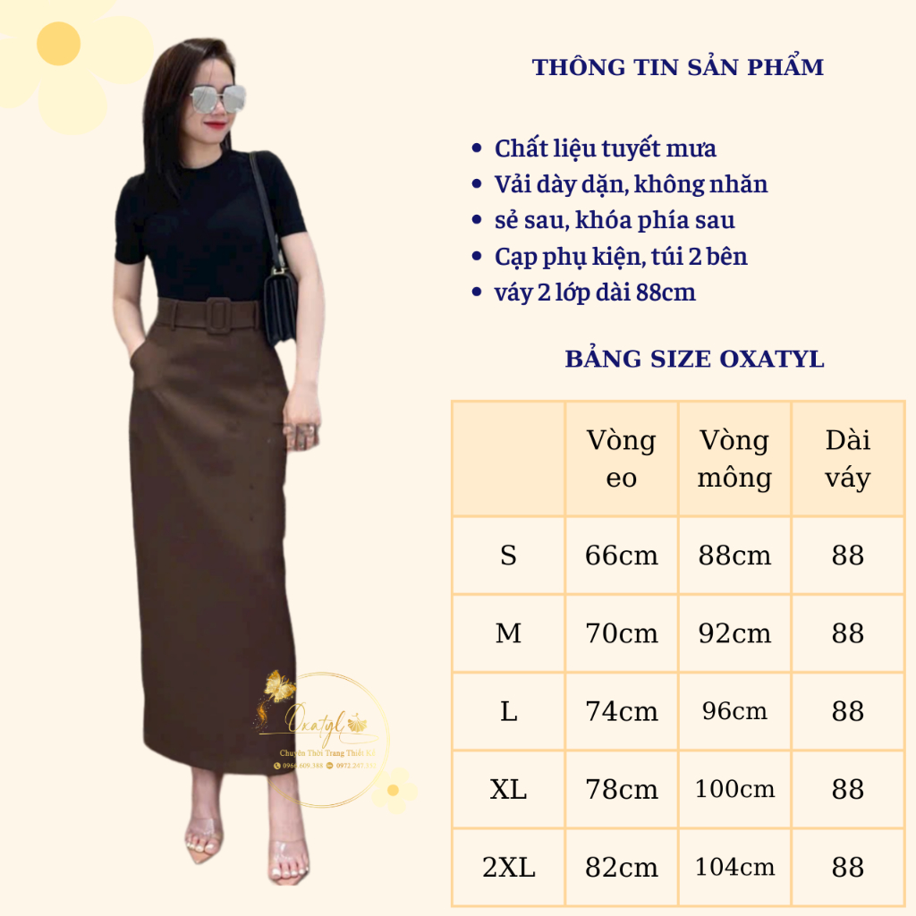 Chân váy dài 2 lớp dáng midi dài 88cm có đai váy công sở Oxatyl CV57