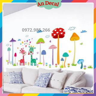 Tranh decal, decal dán tường cho bé vườn nấm và hươu con