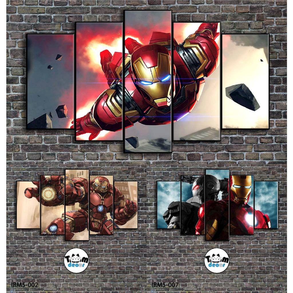 Tranh ghép 5 bức size 60x100cm Iron Man tranh canvas có khung composite hoặc tranh nhựa formex dán tường
