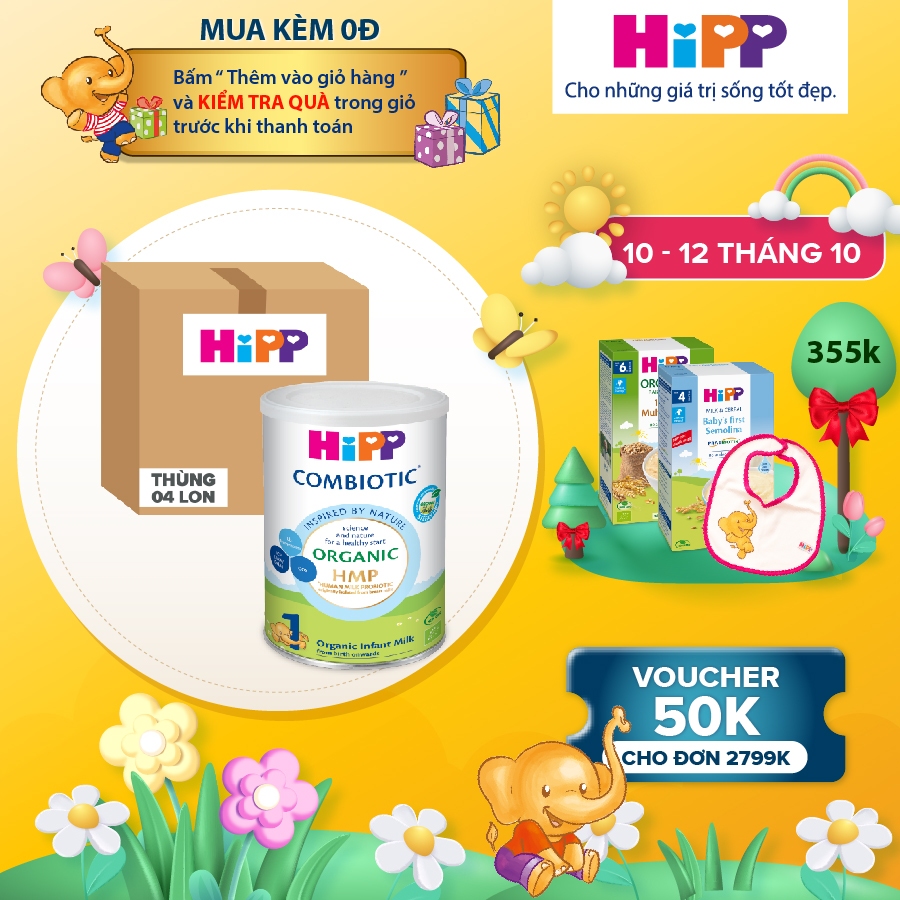Thùng 4 lon Sữa bột dinh dưỡng công thức HiPP 1 Organic Combiotic 350g bổ sung DHA & ARA (4 lon x 350g)