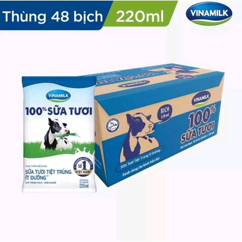 Sữa tươi tiệt trùng ít đường Vinamilk 100% Sữa tươi 220ml.