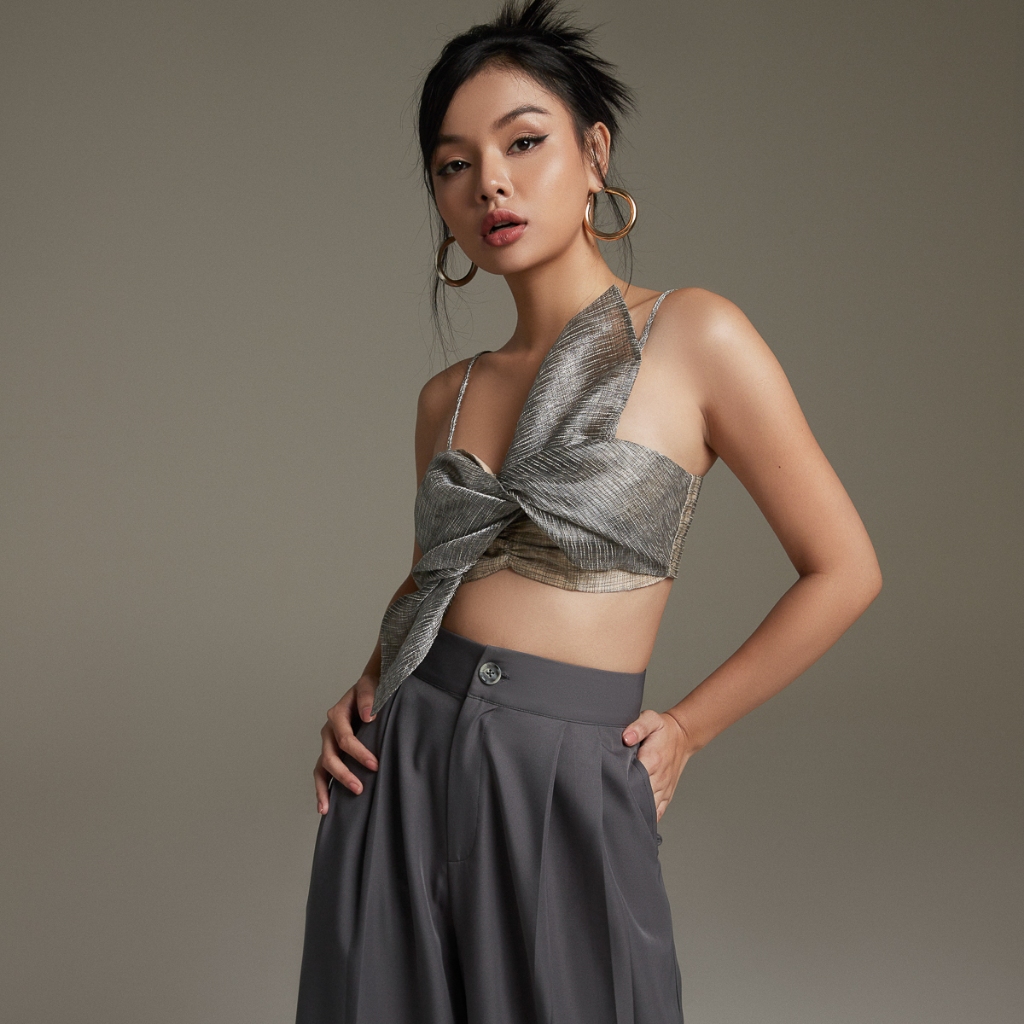 Áo croptop Maybi ôm oganza sọc thắt nơ