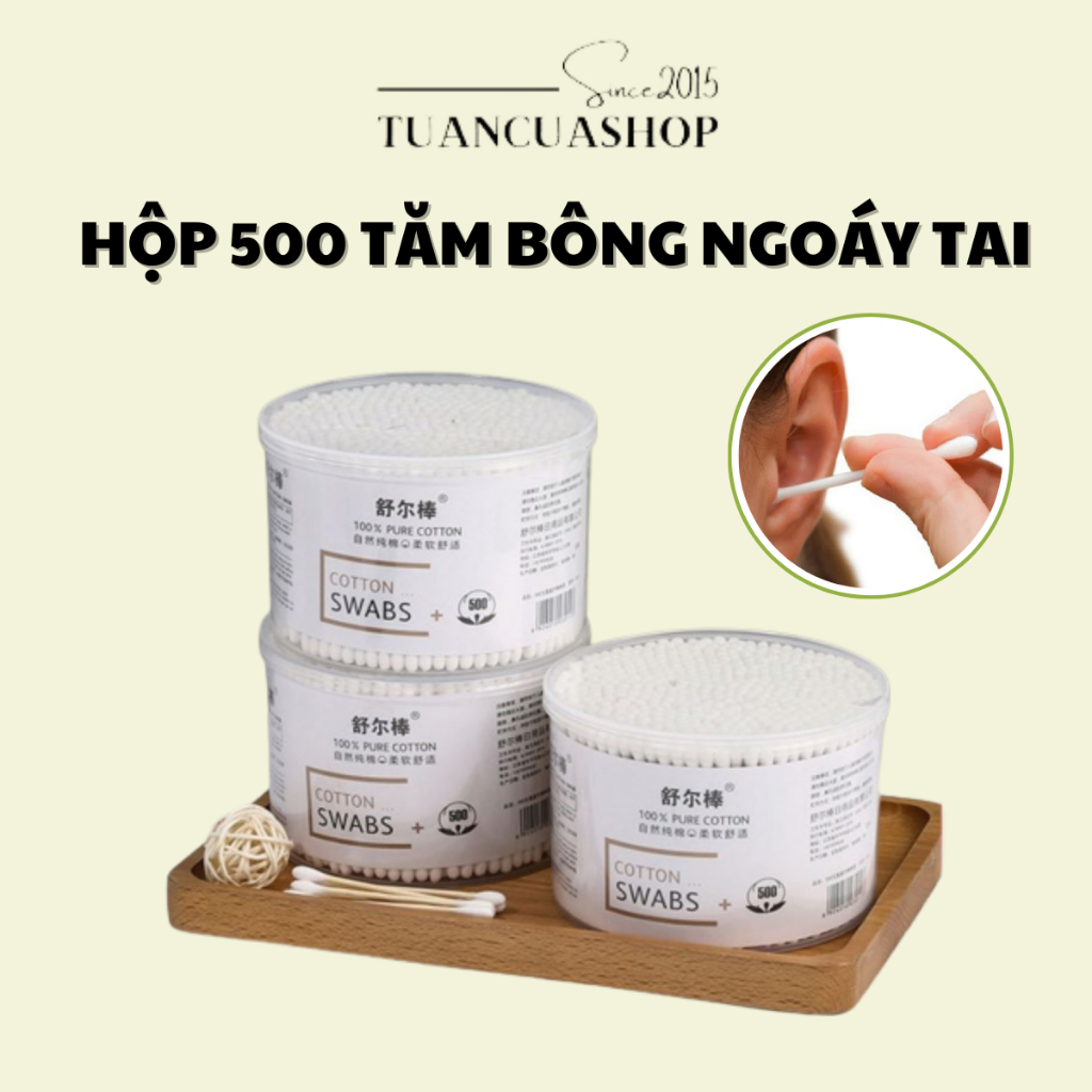 Hộp 500 tăm bông ngoáy tai, tăm bông tiệt trùng thân gỗ thân thiện với môi trường