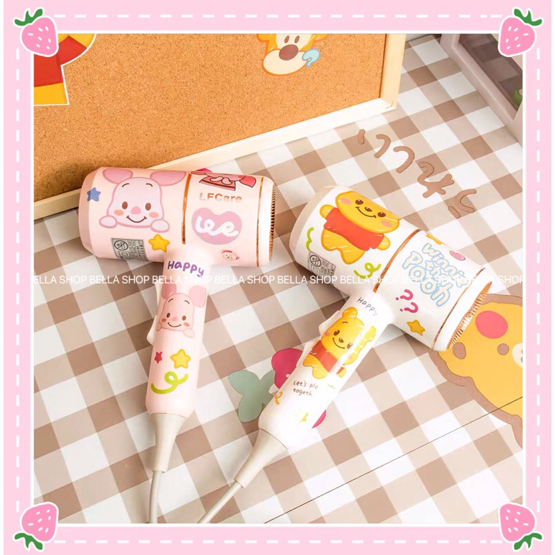 Máy Sấy Tóc Màu Hồng Mini Tiện Dụng  Hoạ Tiết Gấu Dâu Siêu Dễ Thương