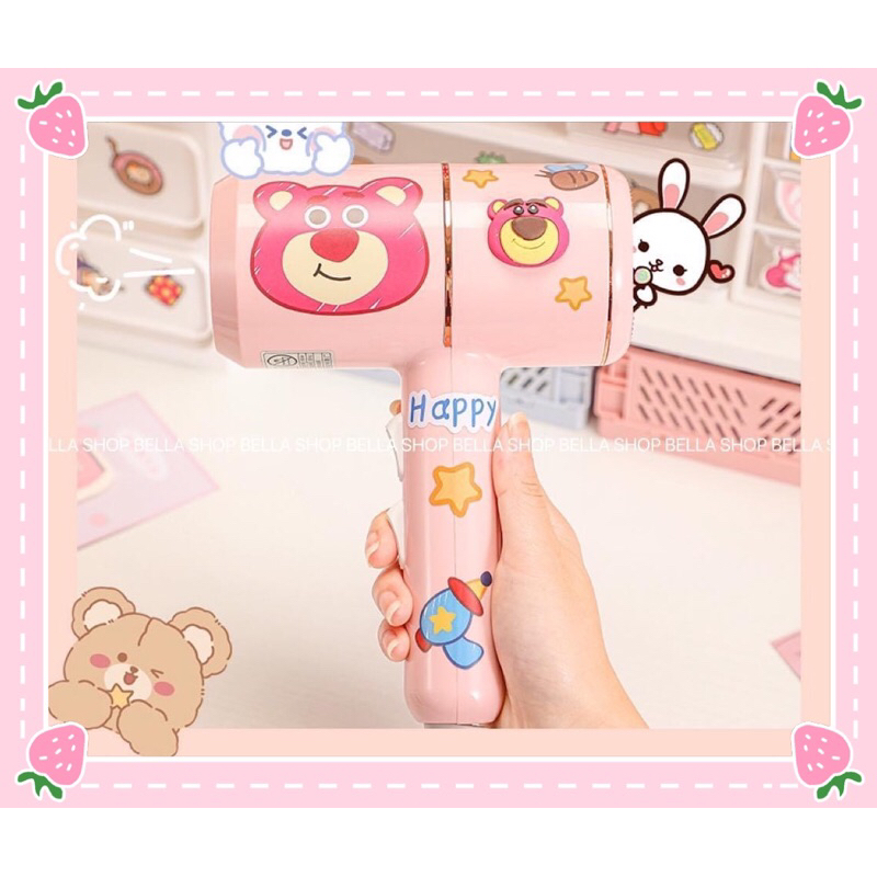 Máy Sấy Tóc Màu Hồng Mini Tiện Dụng  Hoạ Tiết Gấu Dâu Siêu Dễ Thương