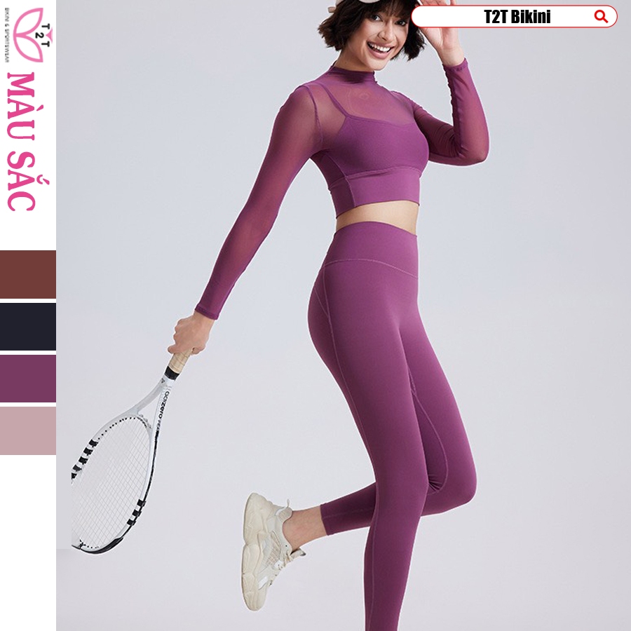 Đồ tập gym yoga thể thao nữ, quần dài và áo tay dài chất liệu thun lạnh co giản tốt mã T2TSport058
