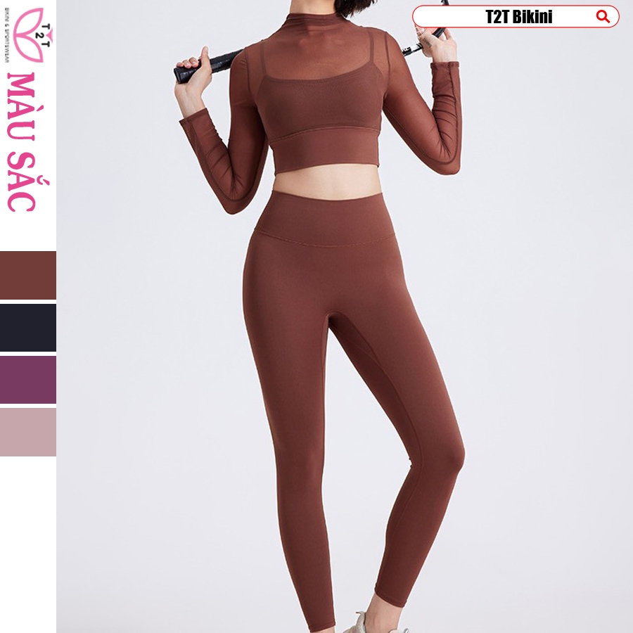 Đồ tập gym yoga thể thao nữ, quần dài và áo tay dài chất liệu thun lạnh co giản tốt mã T2TSport058