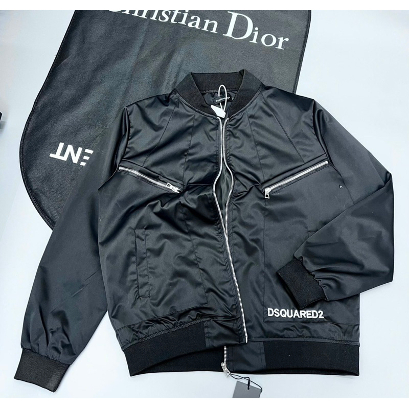 Áo khoác bomber dsq2 nam nữ có hoạ tiết khoá zip màu đen hai lớp thời trang phong cách giới trẻ có size từ s đến xl