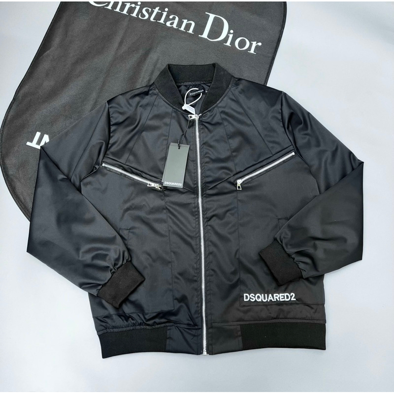 Áo khoác bomber dsq2 nam nữ có hoạ tiết khoá zip màu đen hai lớp thời trang phong cách giới trẻ có size từ s đến xl