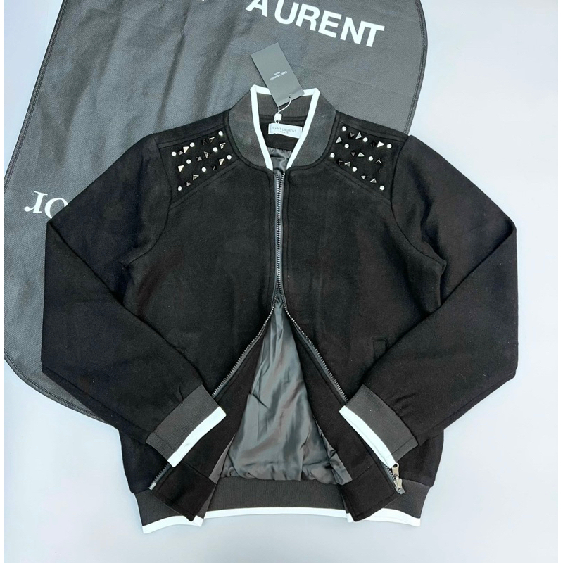 Áo khoác bomber nam nữ hai lớp có hoạ tiết đính đá khoá kéo màu đen thời trang phong cách giới trẻ có size từ s đến xl