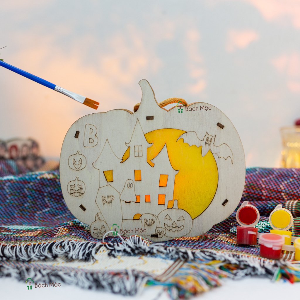 Đèn Gỗ Phát Sáng LED Trang Trí Halloween Lung Linh Đáng Yêu - Chưa Tô Có Màu Tô Kèm Sẵn