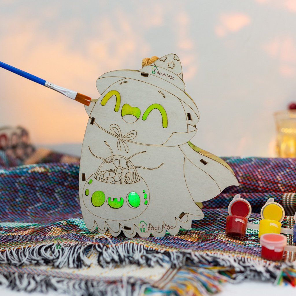 Đèn Gỗ Phát Sáng LED Trang Trí Halloween Lung Linh Đáng Yêu - Chưa Tô Có Màu Tô Kèm Sẵn