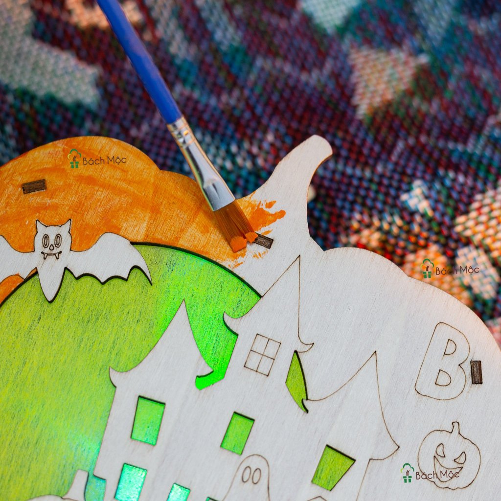 Đèn Gỗ Phát Sáng LED Trang Trí Halloween Lung Linh Đáng Yêu - Chưa Tô Có Màu Tô Kèm Sẵn