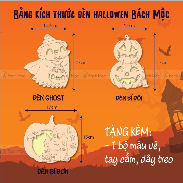 Đèn Gỗ Phát Sáng LED Trang Trí Halloween Lung Linh Đáng Yêu - Chưa Tô Có Màu Tô Kèm Sẵn