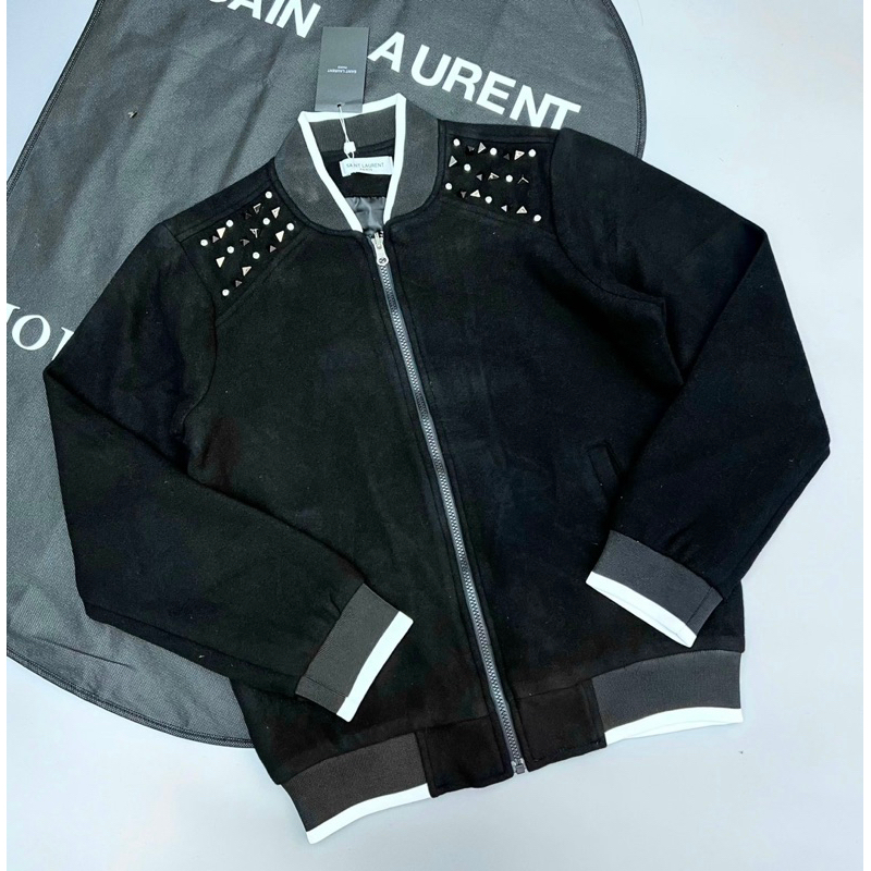 Áo khoác bomber nam nữ hai lớp có hoạ tiết đính đá khoá kéo màu đen thời trang phong cách giới trẻ có size từ s đến xl