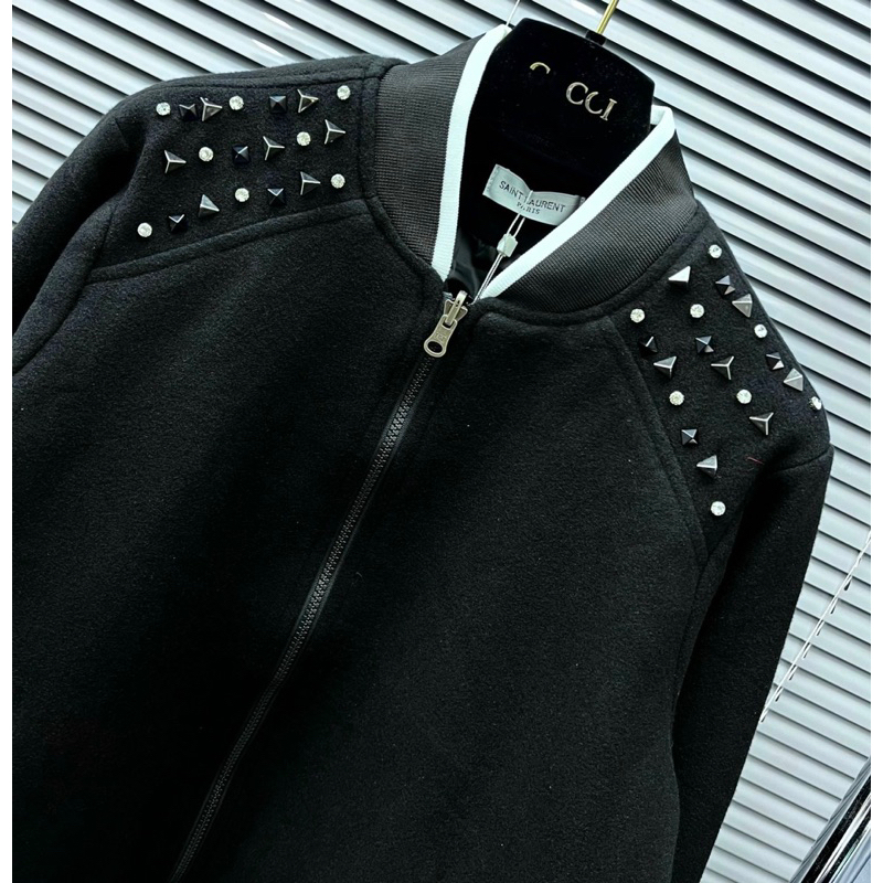 Áo khoác bomber nam nữ hai lớp có hoạ tiết đính đá khoá kéo màu đen thời trang phong cách giới trẻ có size từ s đến xl