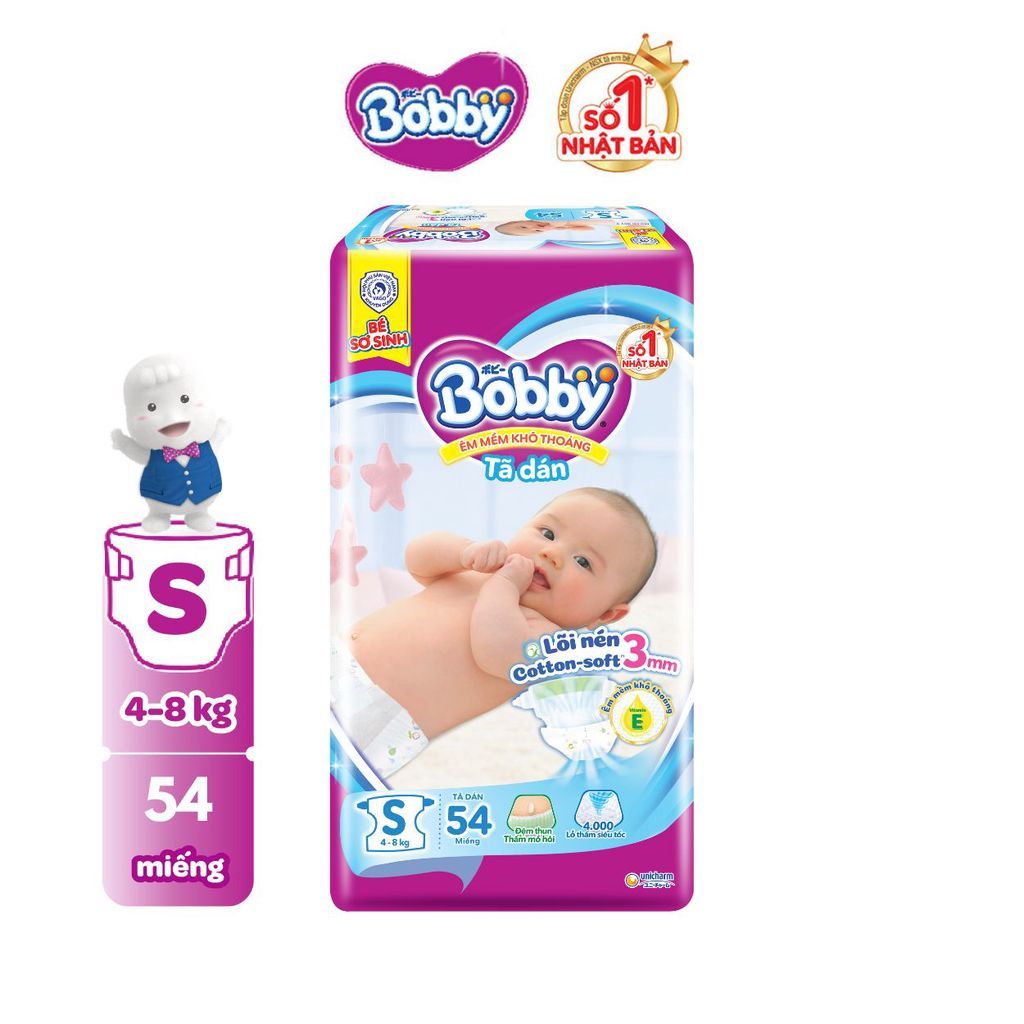 Tã dán sơ sinh Bobby XS70/S54 mới- Lõi nén cotton-soft 3mm