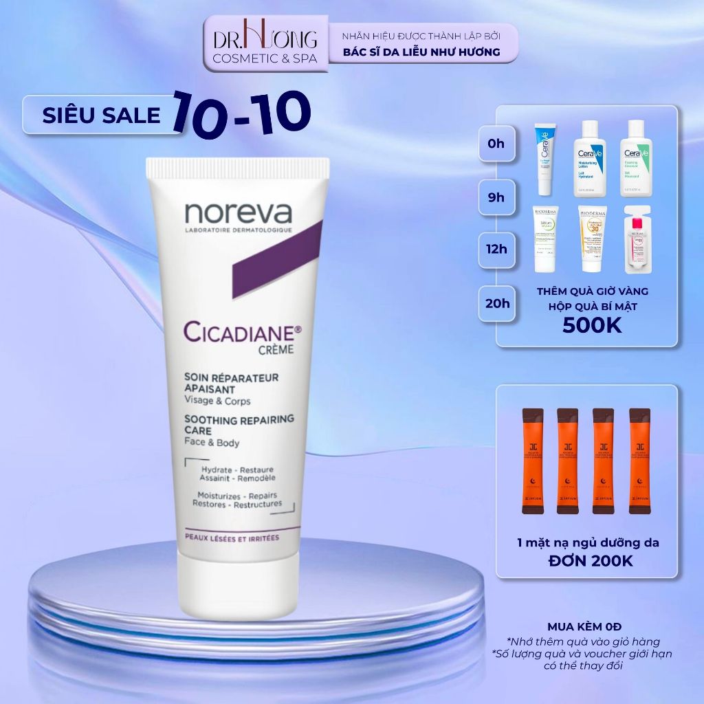 Kem dưỡng phục hồi, làm dịu da, phù hợp mọi lứa tuổi, chống nước NOREVA NV Cicadiane Cream Soothing Repairing Care 40ml