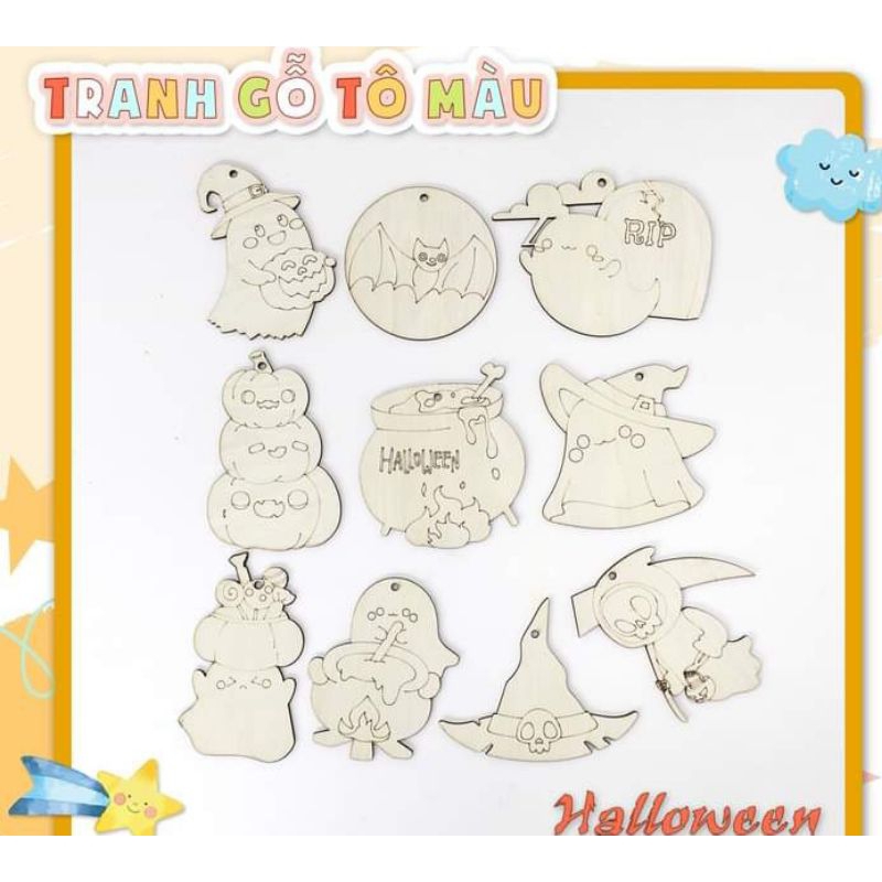 Bộ 10 Hình Gỗ Tô Màu Cho Bé Theo Chủ Đề Sáng Tạo - Quà Tặng HAllOWEEN, NOEL Cho Bé
