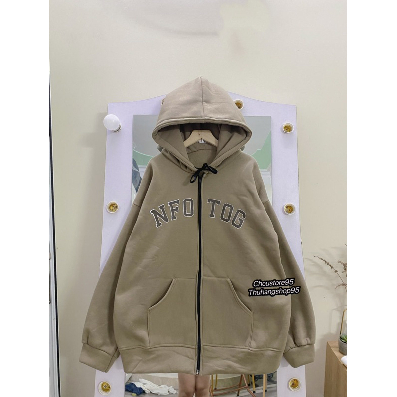 Áo Khoác Hoodie Zip NFOTOG màu Nâu Rêu,  Áo Khoác Nỉ Dây Kéo chất nỉ bông siêu dày Form rộng unsiex tay bồng
