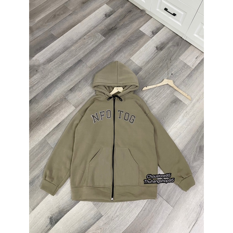 Áo Khoác Hoodie Zip NFOTOG màu Nâu Rêu,  Áo Khoác Nỉ Dây Kéo chất nỉ bông siêu dày Form rộng unsiex tay bồng