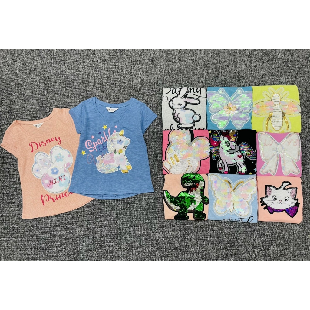 Áo thun tay ngắn kết cườm, kim sa lật cho bé gái