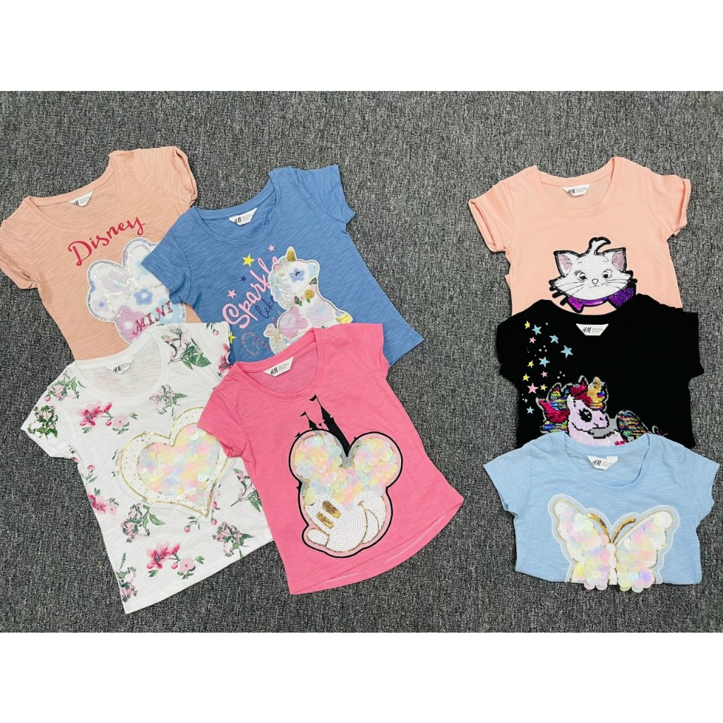 Áo thun tay ngắn kết cườm, kim sa lật cho bé gái