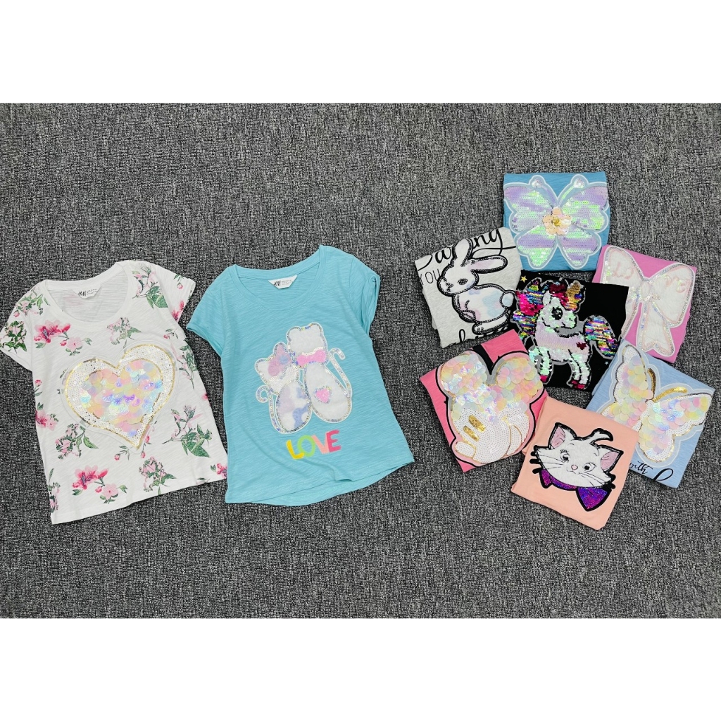 Áo thun tay ngắn kết cườm, kim sa lật cho bé gái