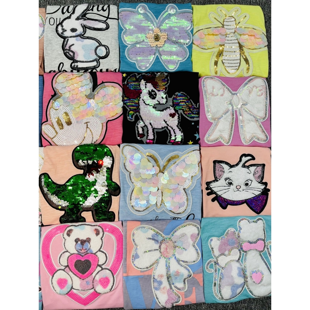 Áo thun tay ngắn kết cườm, kim sa lật cho bé gái