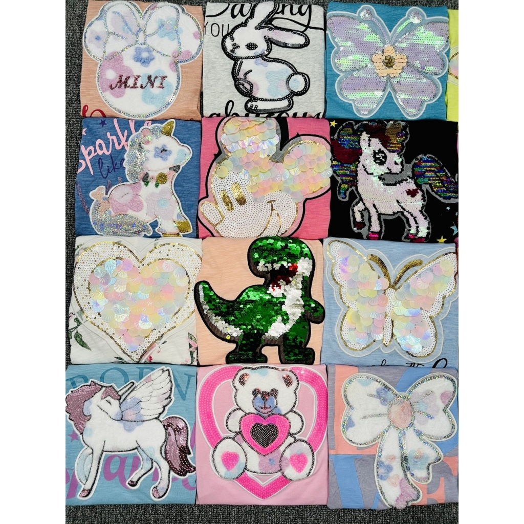 Áo thun tay ngắn kết cườm, kim sa lật cho bé gái