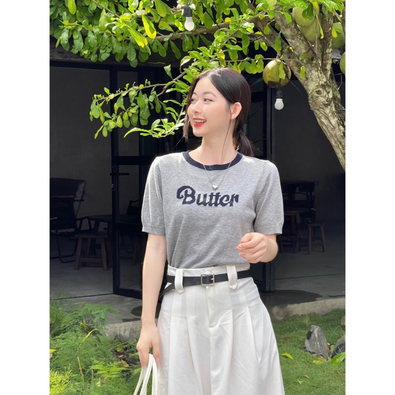 Áo len nữ cổ tròn tay ngắn thêu chữ Butter hàng Quảng Châu đẹp phong cách thời trang hot phong cách hàn quốc 2698