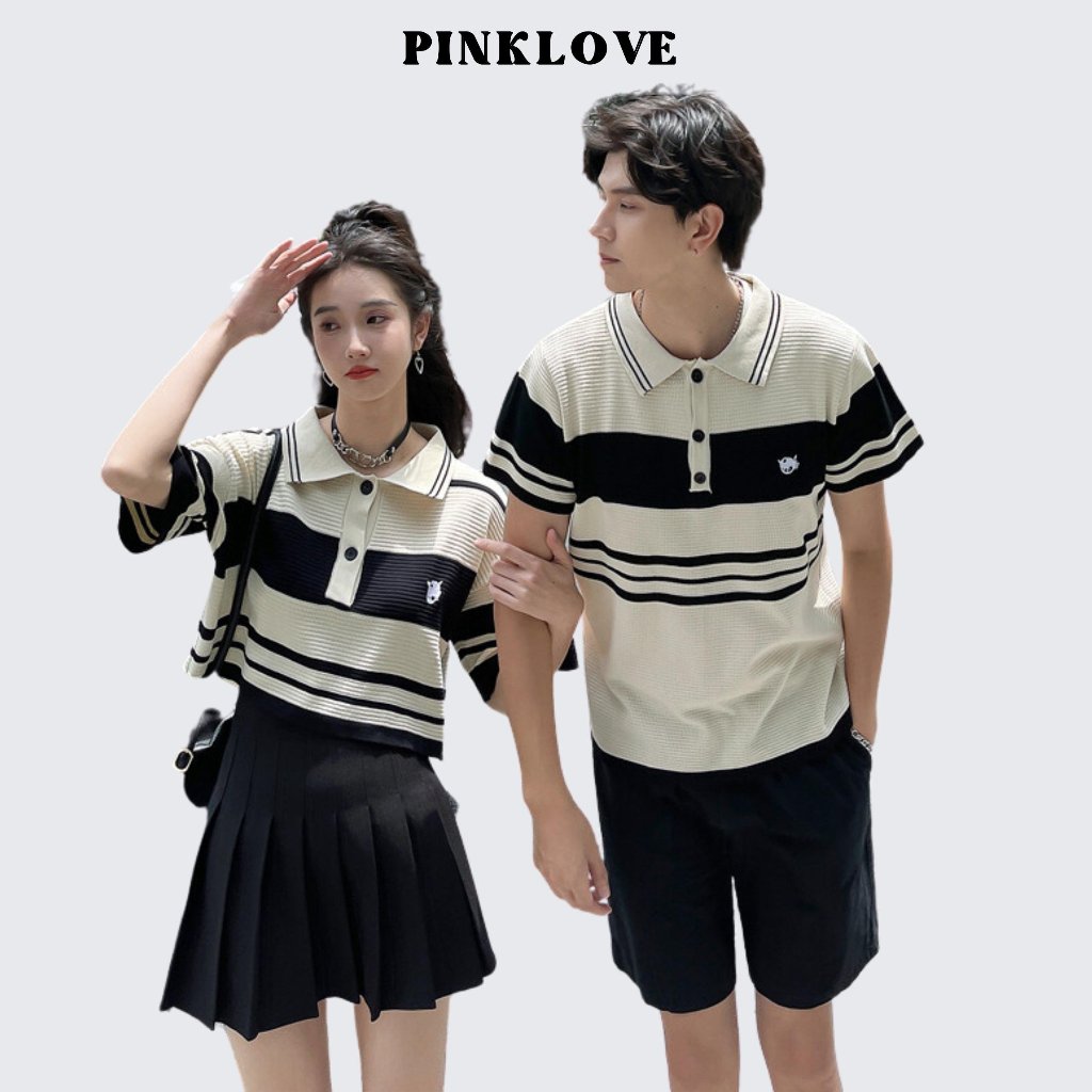 Đồ đôi áo len nam nữ croptop mongtoghi ngắn tay kẻ sọc ngang màu đen be thêu hình P079