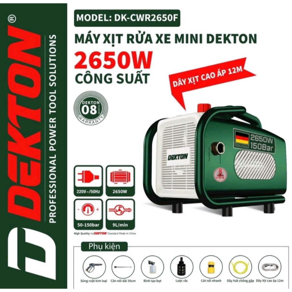 Máy Rửa Xe Dekton DK-CWR2650F - công suất 2650W - Có Chỉnh Áp - lõi đồng 100% bảo hành chính hãng