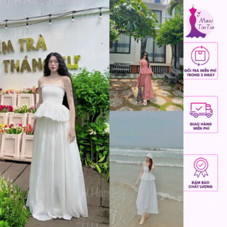 Set Đầm Maxi Váy Tơ Nhún Hai Dây Dáng Xoè Hai Màu Sang Chảnh Sành Điệu Vintage-MaxiTinTin