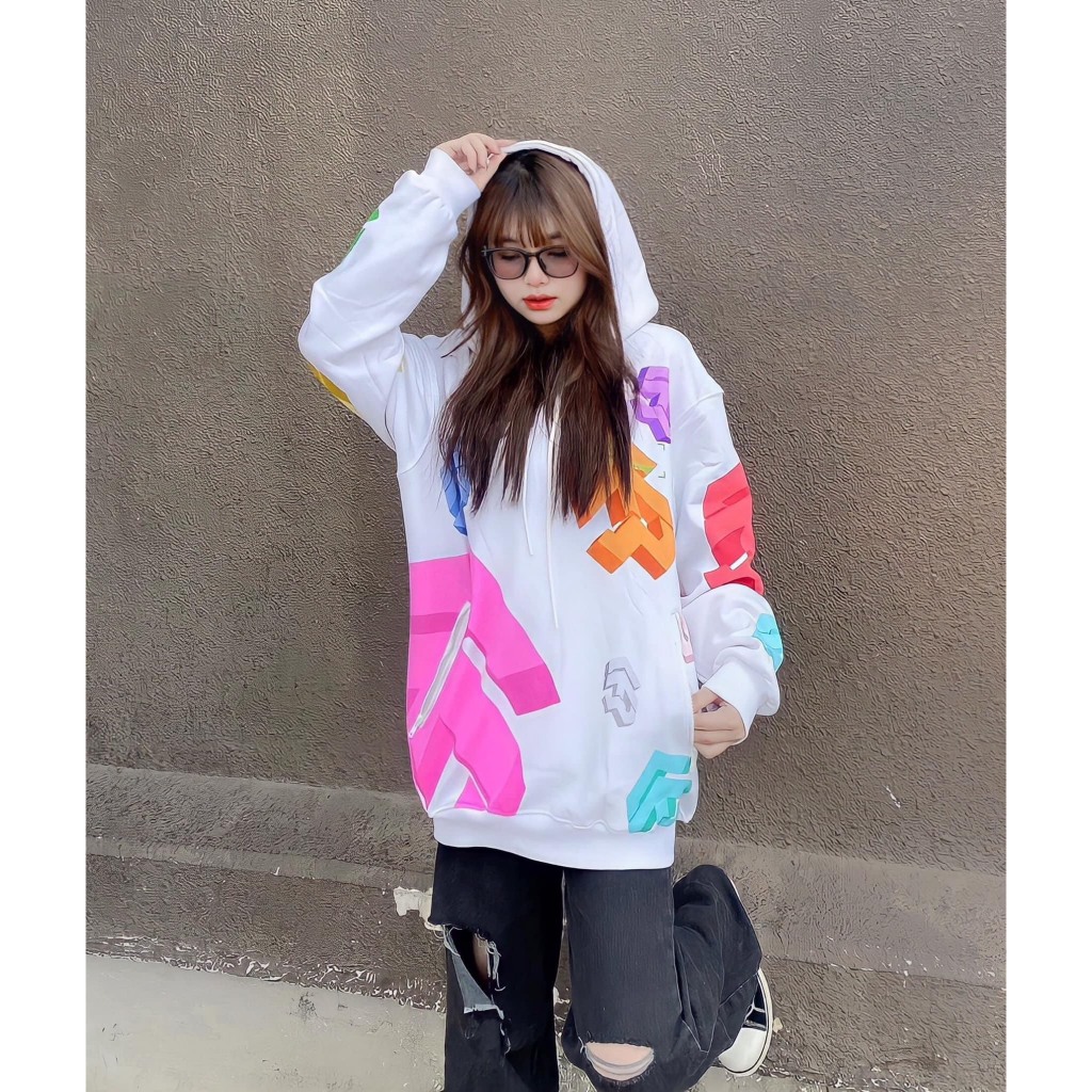 Áo Hoodie 5THEWAY /public icon/ MULTI COLOR BIG LOGO SQUARE HOODIE in WHITE