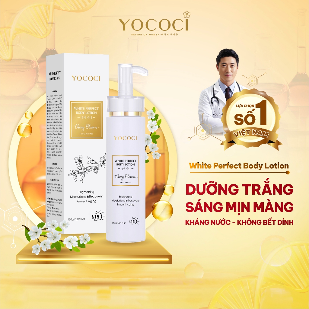 Kem dưỡng trắng da body cao cấp Yococi White Perfect Body Lotion nâng tone, kháng nước, không bết dính dưỡng ẩm 150g