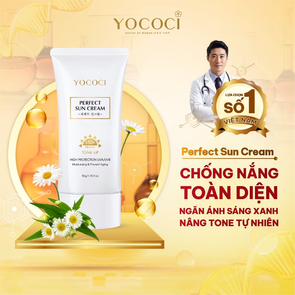 Kem chống nắng da mặt cao cấp Yococi Perfect Sun Cream SPF50+ PA++++ chống nắng toàn diện, ngăn ánh sáng xanh 50g