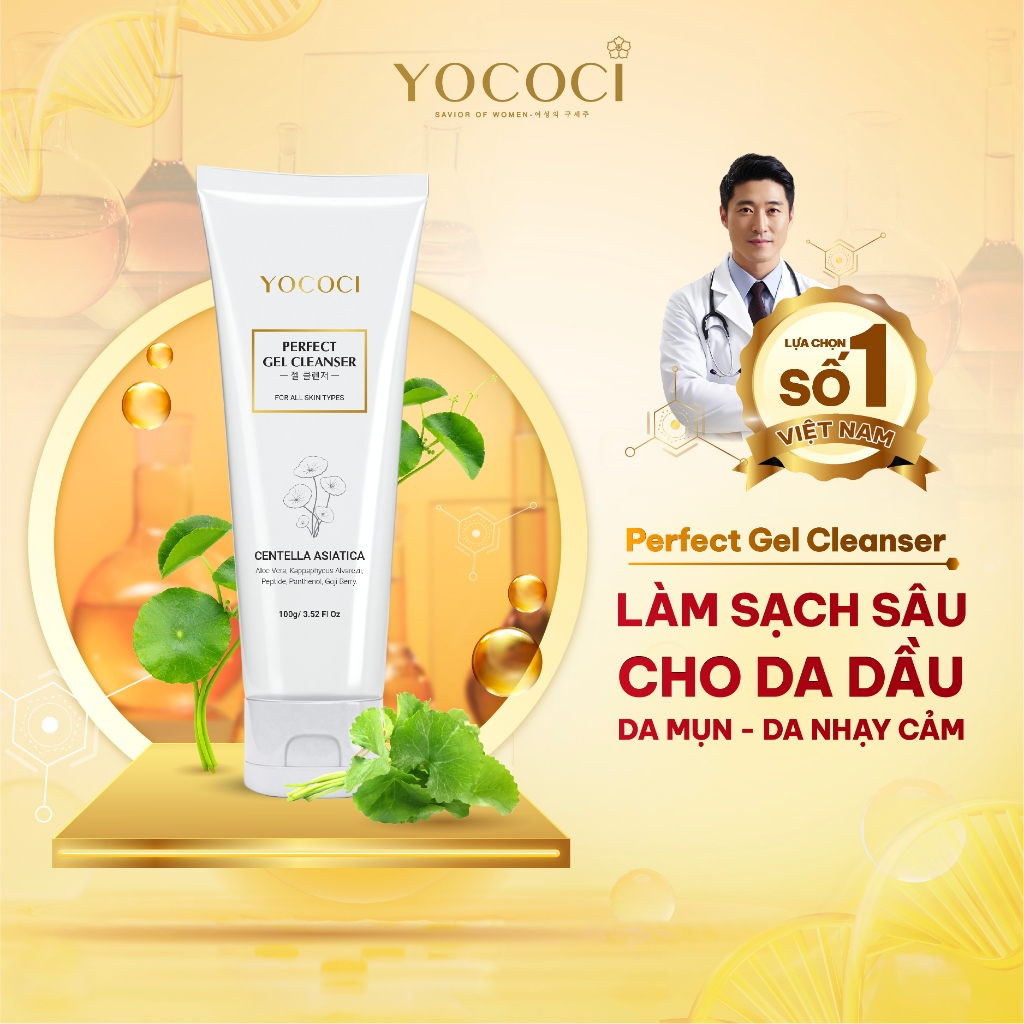 Sữa rửa mặt dạng gel cao cấp Yococi Perfect Gel Cleanser làm sạch thoáng mịn, giảm mụn sáng da, cấp ẩm 100g