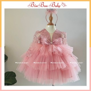 Váy công chúa cho bé BinBon Baby, đầm công chúa nơ kim sa cho bé gái