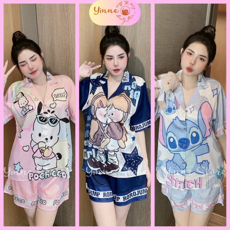 (BIGSIZE 50-75kg) Đồ bộ Pijama Đùi Tay cộc, Bộ ngủ mặc nhà Lụa Xước Ánh Kim Thiết Kế họa tiết Hot Trend, Xinh Sang
