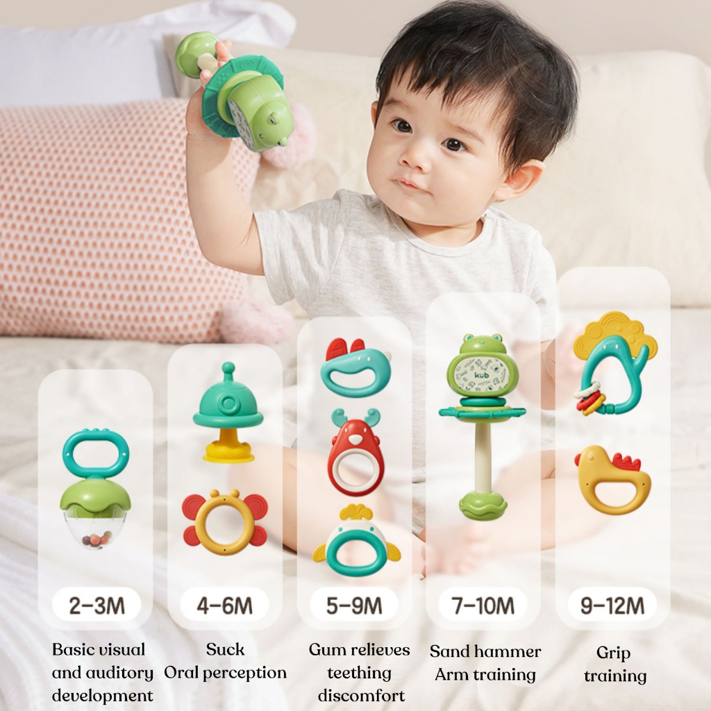 Bộ đồ chơi gặm nướu silicon bóng cảm giác và chuông tay cho bé Kub Cartoon không chứa BPA với hộp quà tặng