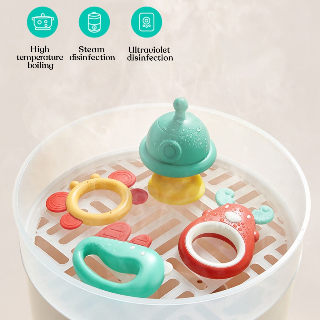 Bộ đồ chơi gặm nướu silicon bóng cảm giác và chuông tay cho bé Kub Cartoon không chứa BPA với hộp quà tặng