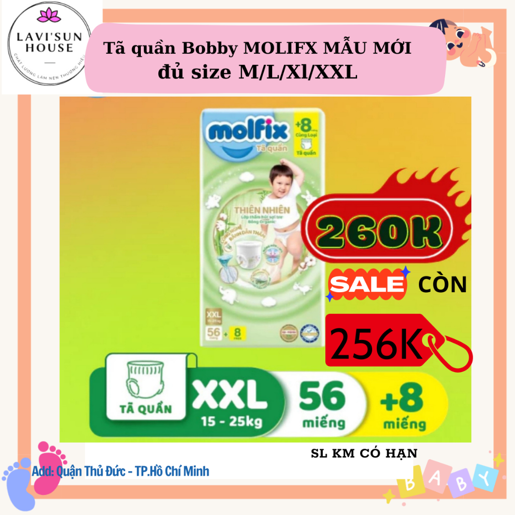 TÃ Quần Molfix Thiên nhiên M76+8 , L68+8 , XL62+8 , XXL56+8 bông tự nhiên Org  mẫu mới nhất GÓI LỚN NHẤT