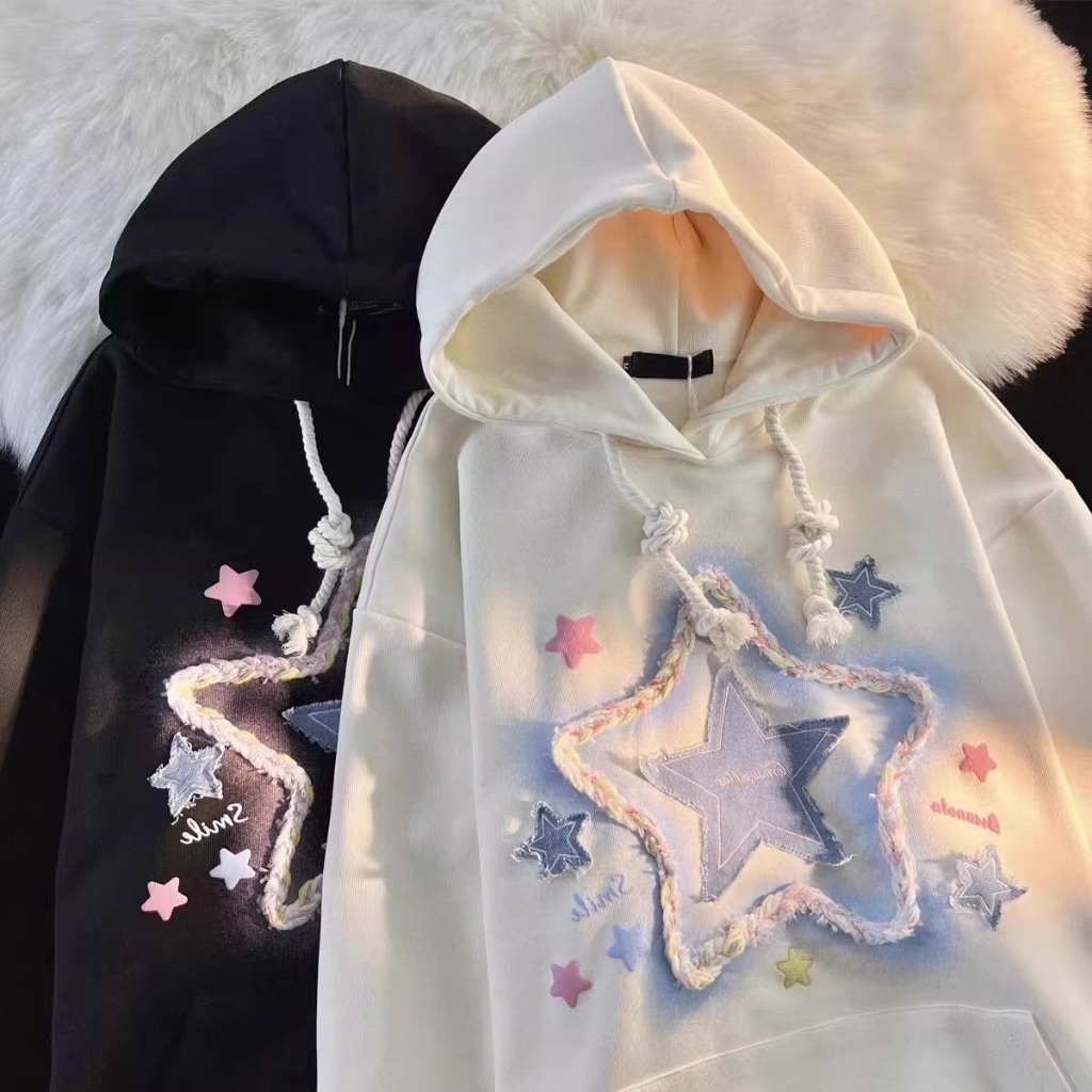 Áo Hoodie Dáng Rộng In Hình Ngôi Sao
