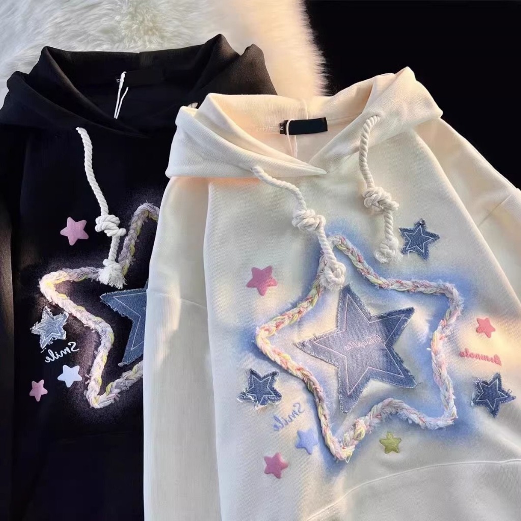 Áo Hoodie Dáng Rộng In Hình Ngôi Sao