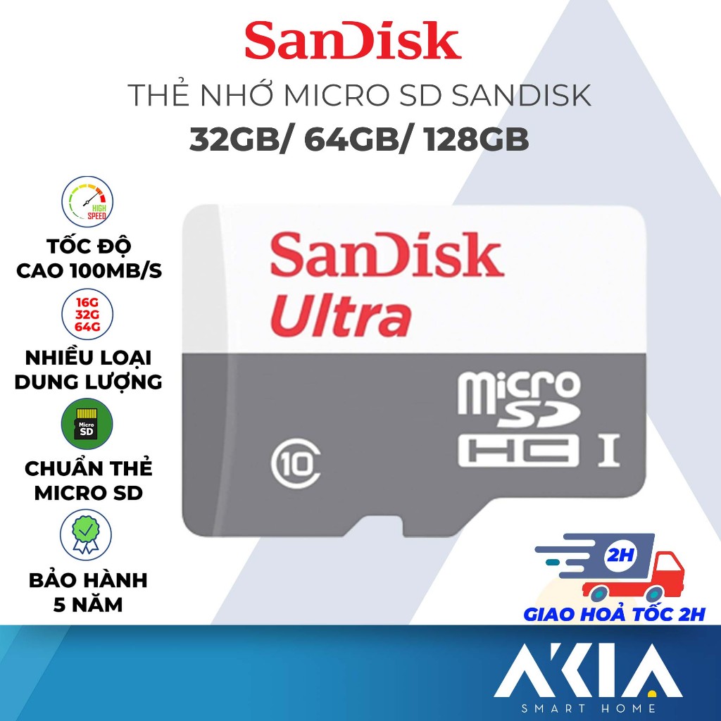 Thẻ nhớ MicroSD SanDisk 32GB/ 64GB/ 128G tốc độ cao 100mb/s, dùng cho camera, điện thoại, máy ảnh - BH 5 năm