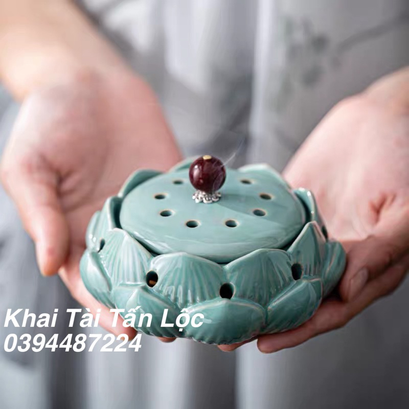 Lư đốt trầm hương , cắm nhang hoa sen bằng gốm sứ