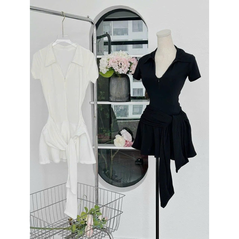 Đầm Kiểu Polo Tay Ngắn Phối Nơ Cột Eo Cá Tính D263