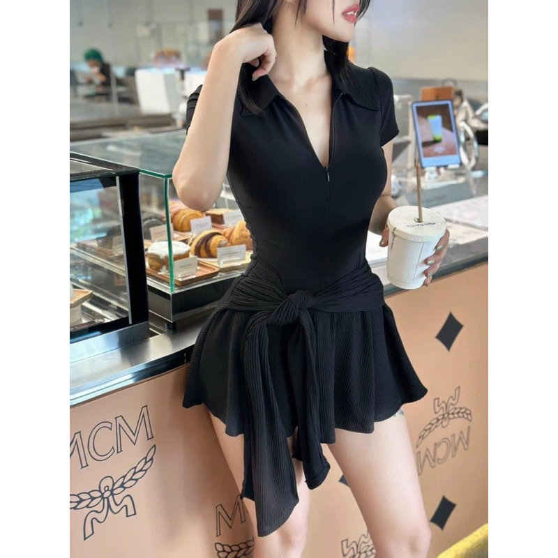 Đầm Kiểu Polo Tay Ngắn Phối Nơ Cột Eo Cá Tính D263